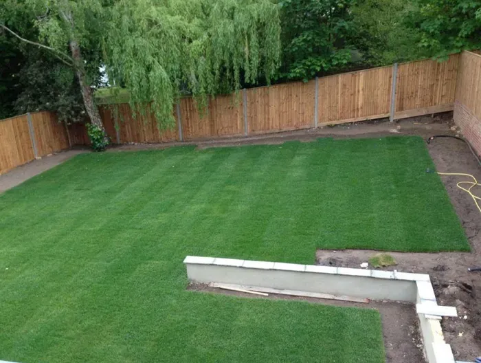 Newly laid green turf in a garden with a wooden fence and a weeping willow tree, indicating recent garden landscaping.